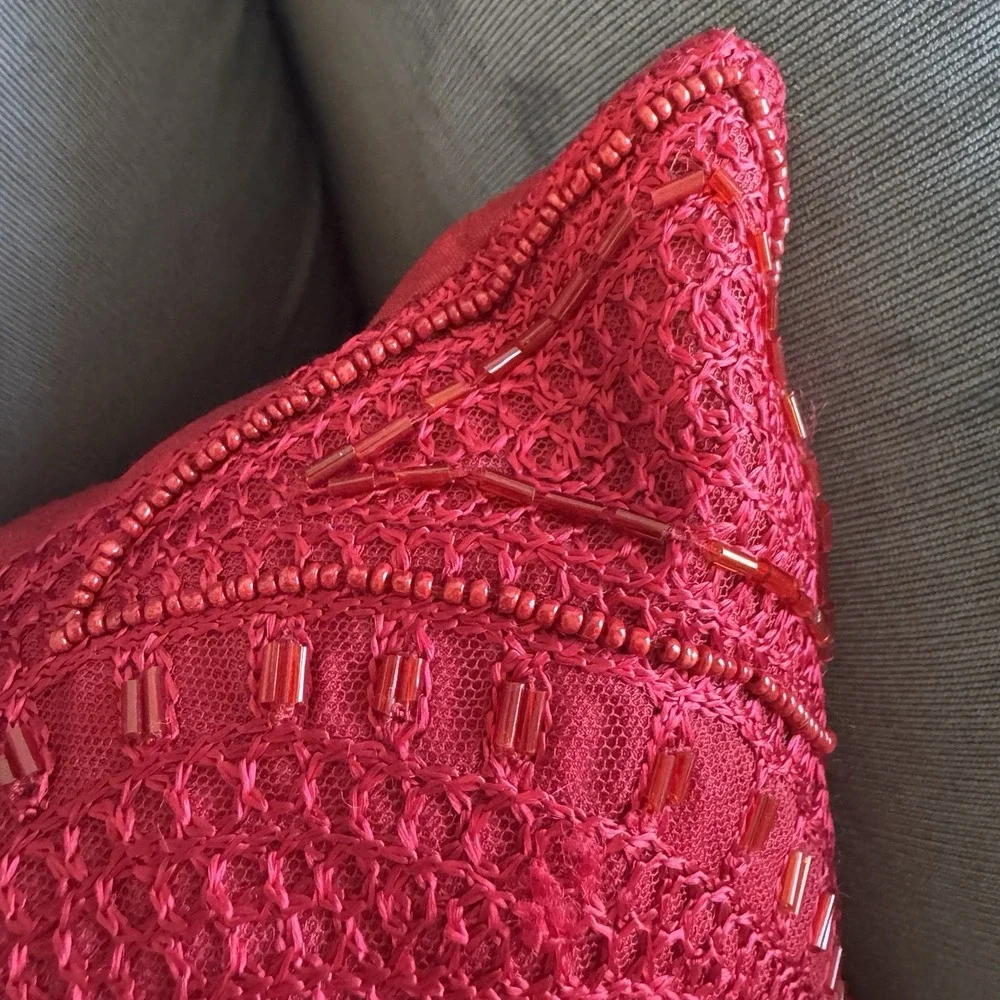 Pier 1 Imports ~ Red Beaded Throw Pillow ~ Rectangular ~ Shiny ~ Lumbar 16